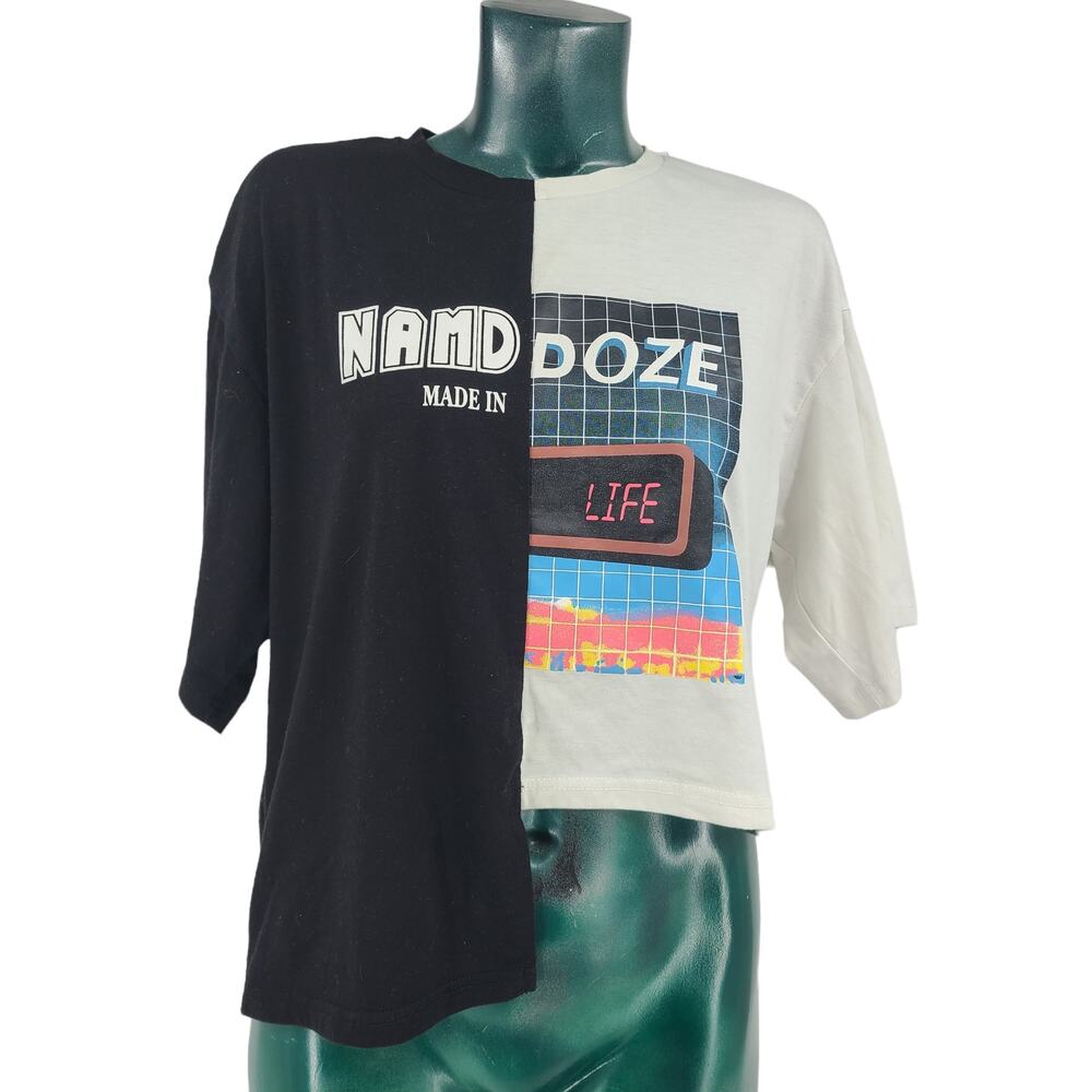 Shein Namdoze Colorblock Graphic Tee Shirt Step Hem Asymmetrical Women's XS 1887